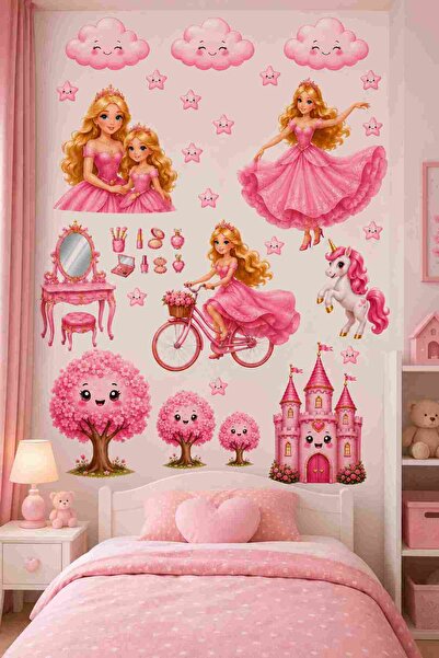 Göktuğ Hediyelik Prenses Çocuk Odası Duvar Sticker Seti – Pembe Unicorn, Pren...