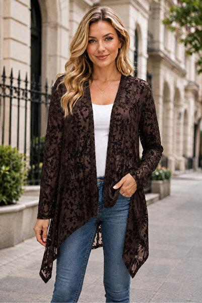 IŞILTI Women's Long Sleeve Lace Kimono Floral Pattern See-Through Elegant Bro...