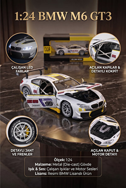 craftivio 1:24 BMW M6 GT3 Beyaz Metal Diecast Model Araba Sesli ve Işıklı Açı...