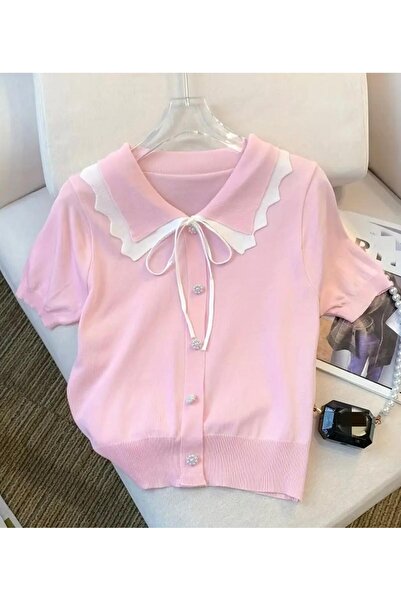 tilvess Bebe Yaka Triko Düğme Detaylı Fiyonklu Tshirt