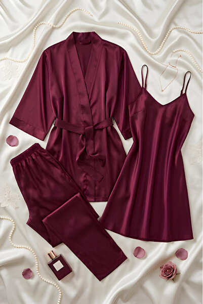 ZENCHES Women's Satin 3-Piece Dowry Set in Box, Burgundy-Style Dressing Gown ...
