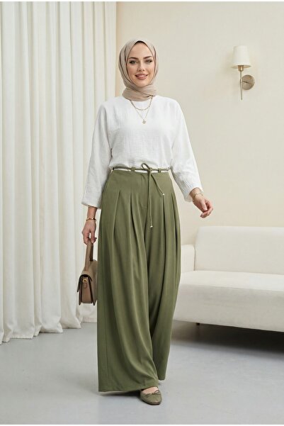 Modamorfo Beli Lace-Up Pleated Wide Leg Imported Crepe Trousers -Khaki