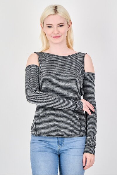 Body Language Women Round Neck Cold Shoulder Razor Pullover Top, Multicolor
