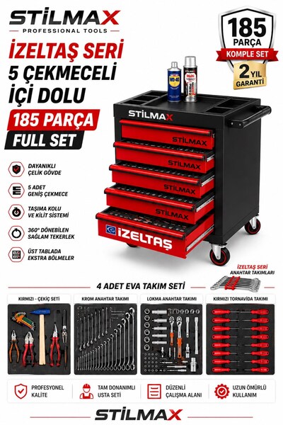 stilmax 5 Çekmeceli 185 Parça İzeltaş Seri XL Trend Dolu Takım Arabası Usta S...