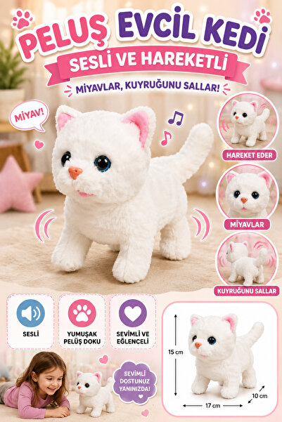 Tamsena Store Peluş Evcil Kedi Sesli ve Hareketli Oyuncak Miyavlayan Sevimli ...