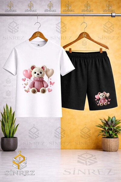 SİNREZ Crew Neck Kids' T-Shirt with Bear and Pink Balloon Print - Shorts Set