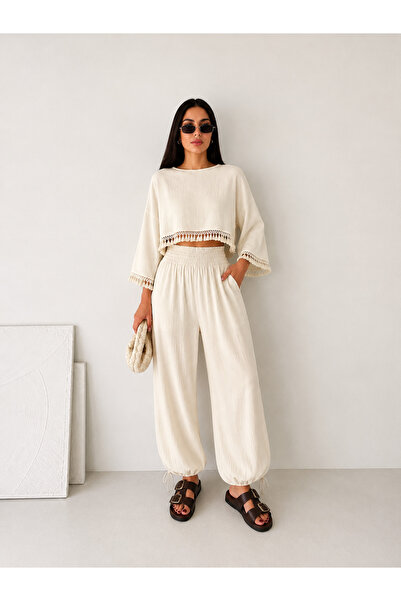 kikiriktekstil 10794 Women's Tassel Detailed Trousers with Elastic Waist Over...