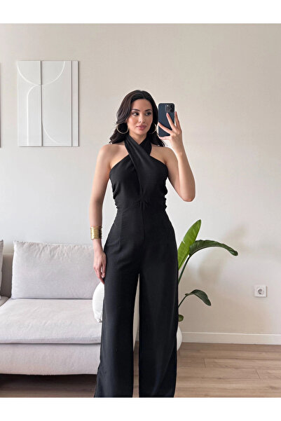Zoom Butik Boyundan Bağlamalı Keten Tulum - SİYAH