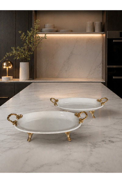 Sillage Home 2-Piece Porcelain Kayık Presentation Plate with Gold Handles 29 ...