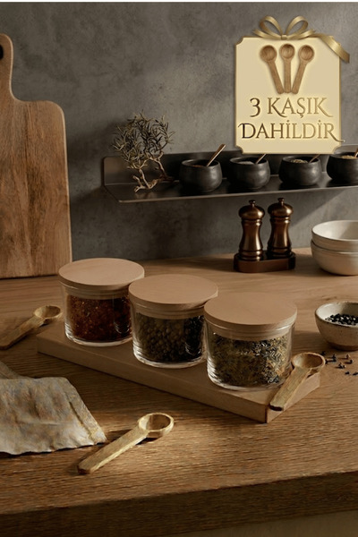 Khalle 3’lü Lüks Cam Baharatlık Seti – Ahşap Kaşıklı & Standlı Vakumlu Kapakl...