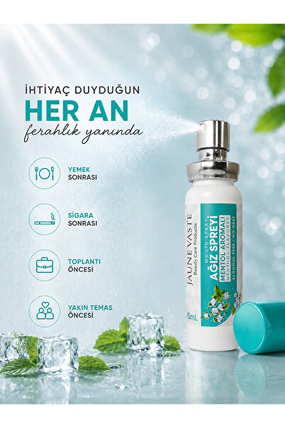Jaune Vaste Ağız Spreyi - Ağız Kokusu Giderici, Ferah Nefes, Mentol Aromalı, Alkolsüz & Gazsız, 15 mL