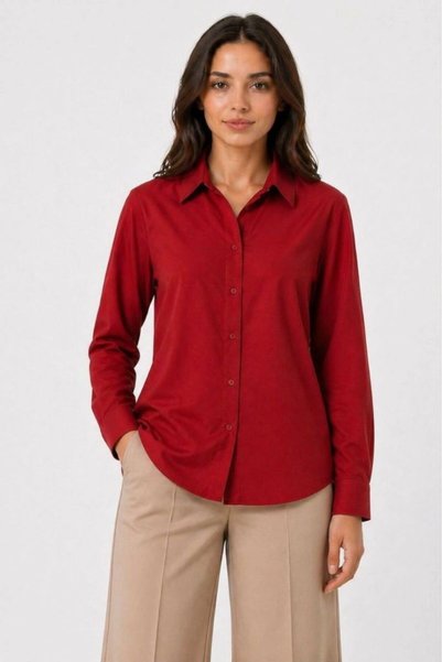 Mariposa Secret Women's Long Sleeve Shirt with Buttons, Classic Collar, Suitable for Casual and Office Wear - Red