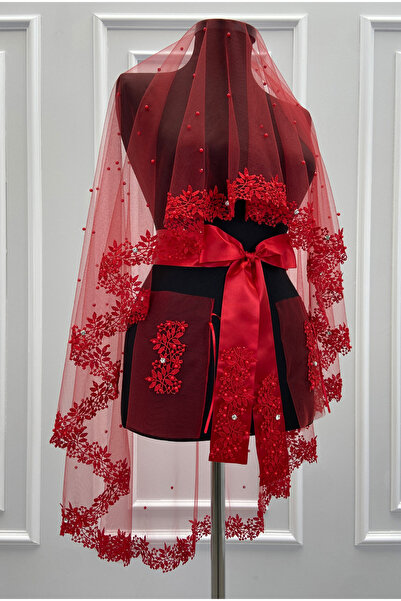 ZEYMERADE Red Bridal Veil Set, Laced, Shiny Stone and Pearl Decorated Henna N...