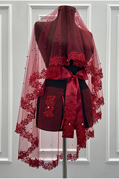 ZEYMERADE Burgundy Bridal Veil Set, Laced, Shiny Stone and Pearl Decorated He...