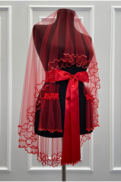 ZEYMERADE Red Bridal Veil Set, Sparkling Double Row Crystal Stone Decorated, ...