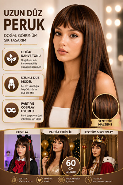 Tamsena Store Kahve Renk Uzun Düz Peruk Kadın Parti Cosplay Kullanım Kahveren...