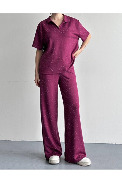 eBaa fashıon Stone-Faced Top and Bottom Polo Collar Set