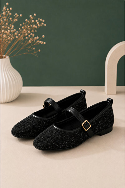 Arzu Butik Women's Black Tweed Fabric Buckle Strap Ballerinas Stylish Lightwe...