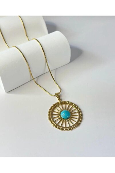 Urban Aksesuar Steel Necklace with Turquoise Stone in the Middle and Sun Patt...