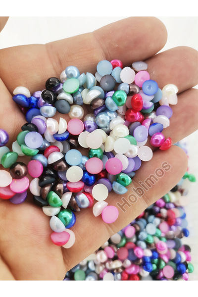 Hobimos 100 Adet Karışık Renkli 6 mm Plastik Deliksiz Yarım İnci - Süsleme - ...