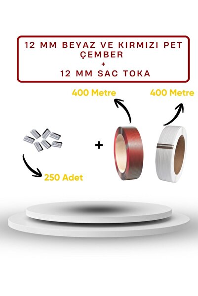 12 mm 400 Metre Kırmızı + 400 Metre Beyaz Pet Çember ( Polyester / PET Şerit ) + 250 Adet Sac Toka