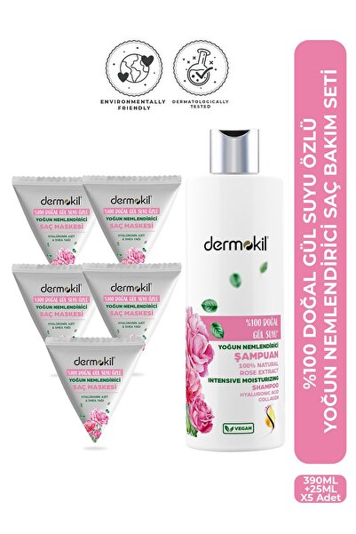 Dermokil %100 Doğal Gül Suyu Yoğun Nemlendirici Şampuan & Maske Saç Bakım Seti
