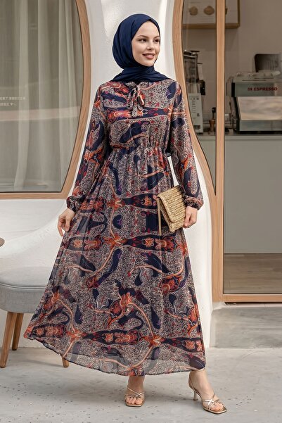 InStyle Shawl Pattern Pleated Navy Blue Chiffon Dress