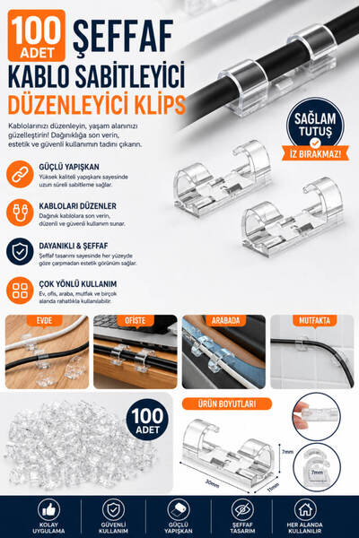 Anadolu Saray 100’lü Şeffaf Kablo Sabitleyici Klips Yapışkanlı Kablo Düzenley...