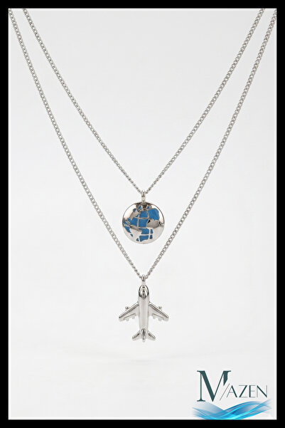 MAZEN Women's Double Chain Blue Enamel World and Airplane Combination Necklac...