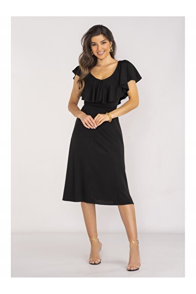 Awama Women's Midi Dress, V-Neckline With Ruffle, Elegant Cut, Highlighted Wa...