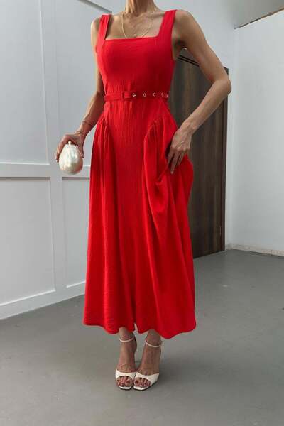 mylove Smart Square Collar Belted Dress Coral
