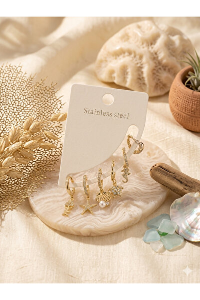HERALDİS Non-Tarnish Steel Starfish and Shell Figured Multiple Earring Set