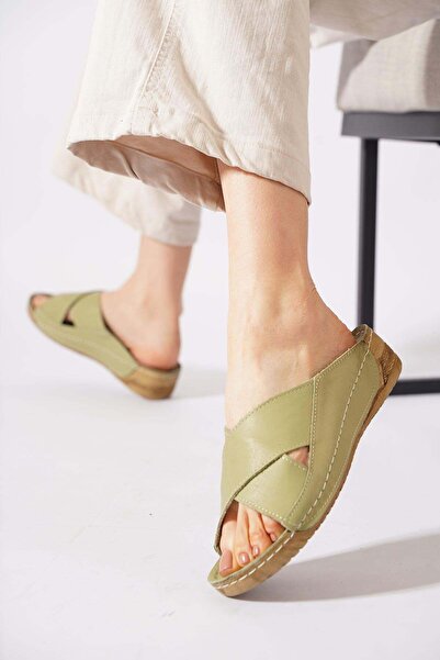 Moda Pie Dendis Cross Strap Genuine Leather Women's Slippers Avocado Green