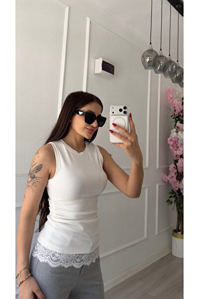 Daves White Lace Detailed Side Gathered Long Blouse