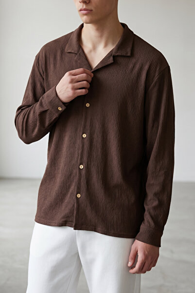 modasende Men's Brown Wrinkled Fabric Long Sleeve Apaş Collar Shirt