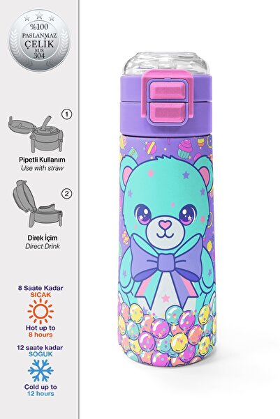 Coral High Kids Milka Candy Teddy Bear Patterned Thermos with Straw and Direc...