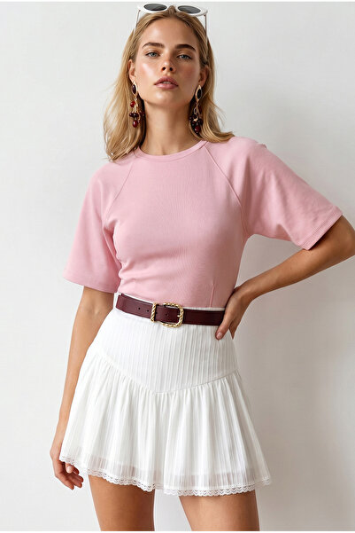 Olalook Women's Pink Waist-Slit Modal Buttoned Blouse with Stitching Detail B...