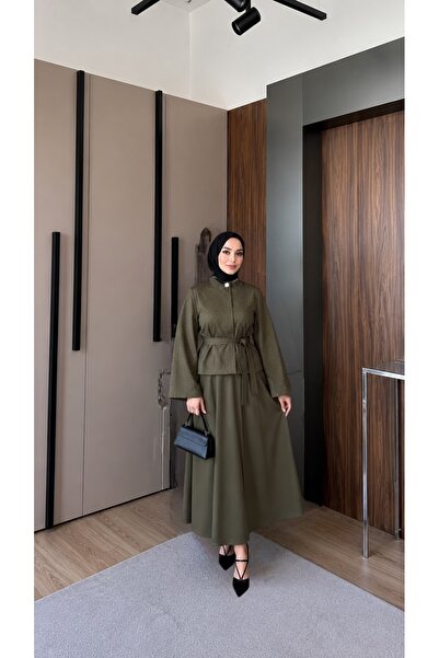 nurvina modest wear Stone Printed Poplin Skirt Suit Khaki