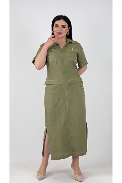 mardi exclusive Women's Plus Size 100% Linen Blouse Skirt Set