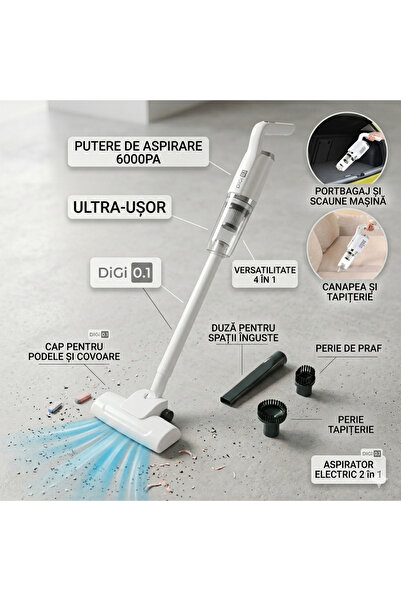 OEM Aspirator electric reîncărcabil 2-în-1, 50 W, 600 ml, alb, portabil