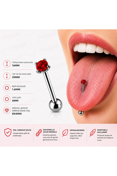 Heppii 316L Cerrahi Çelik Ucu Kristal Taşlı Dil Piercing Tongue Piercing Beya...