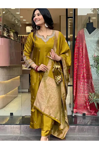 MYSMAR Mustard Silk Kurta Set with Banarasi Dupatta - TRNF8154 | Mustard