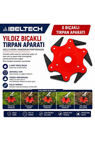 İBELTECH 6 Bıçaklı Yıldız Tırpan Aparatı – Profesyonel Ot ve Çalı Temizleme B...