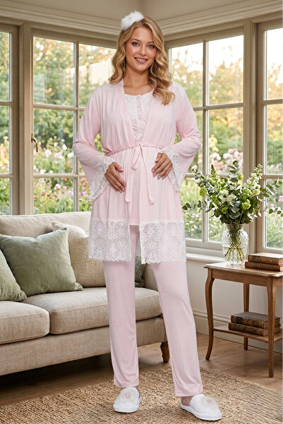 Lohusa Homewear New Season Pink Maternity Summer Special Lace Detailed Design...