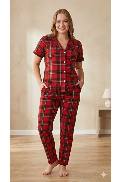mavolie Patterned Red Buttoned Women's Pajama Set