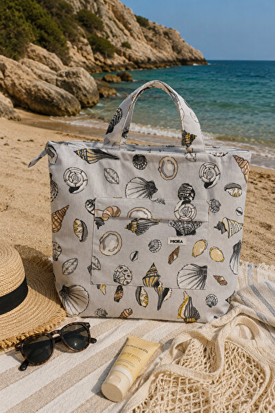 MIORA BAG Deniz Kabuğu Desenli Ön Cepli Plaj Çantası- Dış Cepli Duck Kumaş