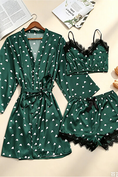 JInsh 3-Piece Green Heart Print Satin Lingerie Set, Lace Trim Cami Top + Shor...