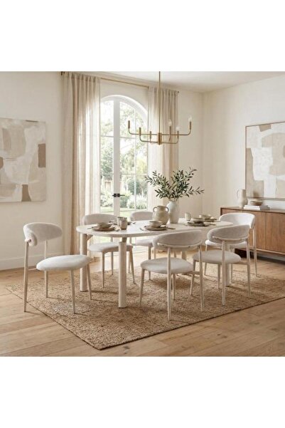 BAYTI Dining Table Marble Alternative Top 6 Chairs - Beige