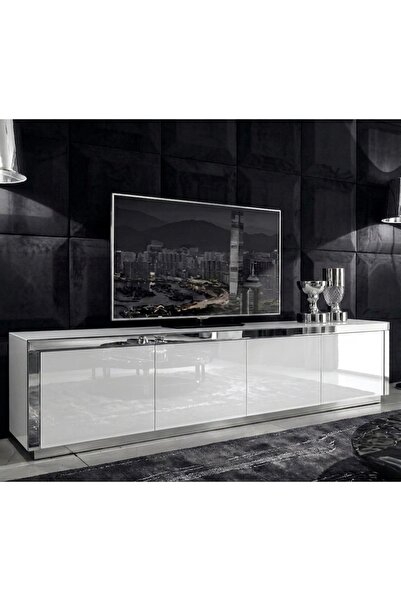 LUXURY VİLLA LUXURY BEYAZ CAMLI GÜMÜŞ AYNALI 4 KAPAKLI TV SEHPASI GENİŞLİK 21...