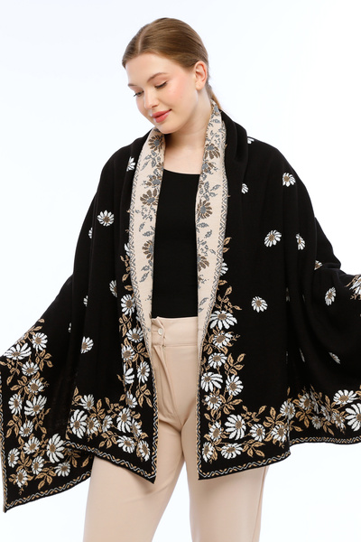 panşalço Papatya Model Black-Bone-Camel Knitwear Shoulder Shawl, Knitwear Shawl, Shawl, Women, Young, Mother Shawl, 75X180 cm